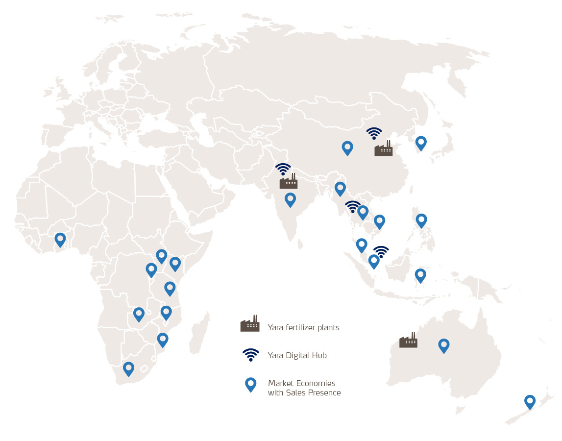 Map of operations in Yara Africa and Asia Pacific